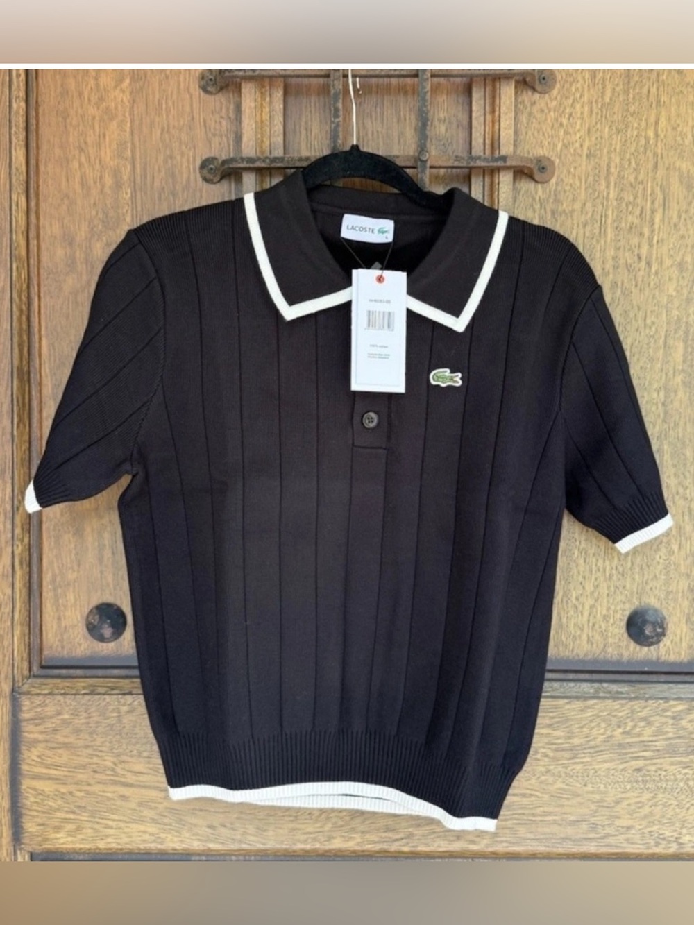 Lacoste Black Knit Polo with White Collared Trim  Sweater  Size L